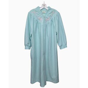 Vintage 1980s Fleece Nightgown Light Green w Pink Floral Embroidered Grannycore